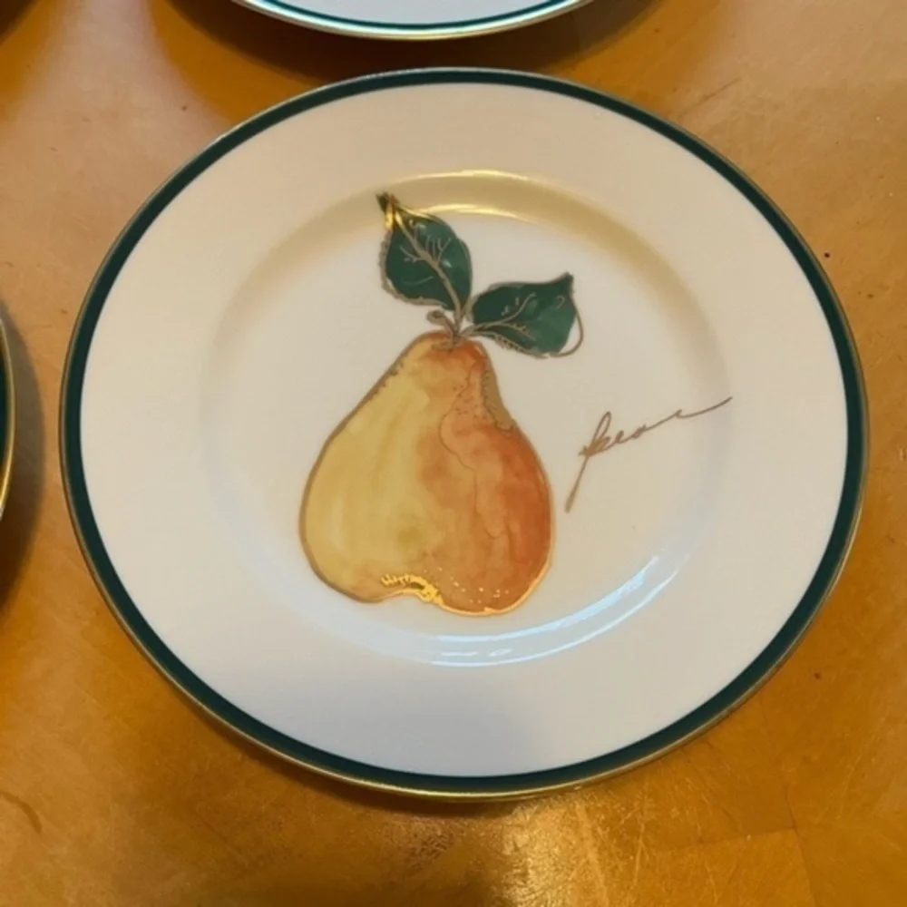 Crate & Barrel Fruit Plates 8” Set of Four, Apple, Pear, Plum, Grapes
